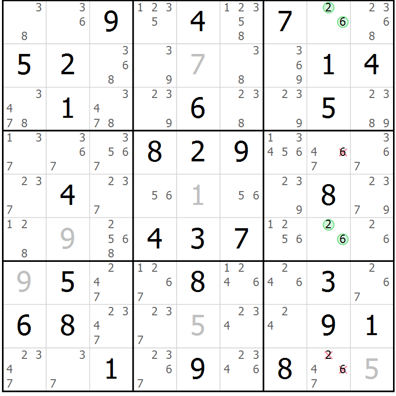 Position des candidats pour la solution de la Gr 4 page 7 du magazine de sudoku Giga sudoku niv 6-8 n° 032
