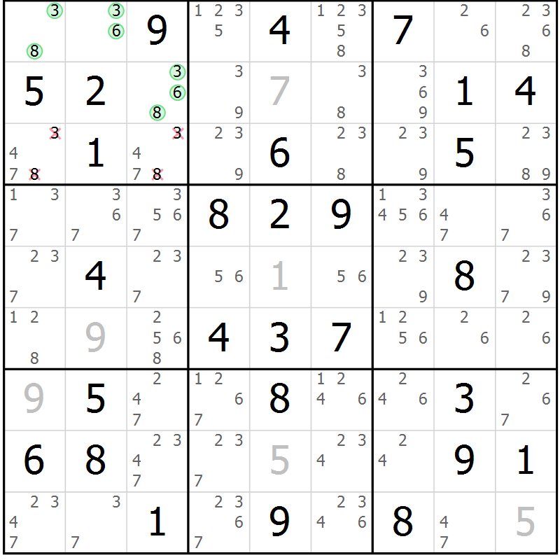 Position des candidats pour la solution de la Gr 4 page 7 du magazine de sudoku Giga sudoku niv 6-8 n° 032
