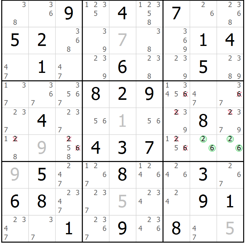 Position des candidats pour la solution de la Gr 4 page 7 du magazine de sudoku Giga sudoku niv 6-8 n° 032