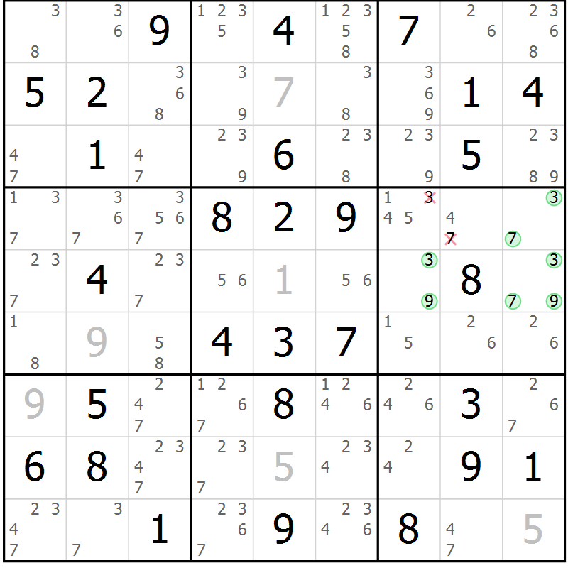 Position des candidats pour la solution de la Gr 4 page 7 du magazine de sudoku Giga sudoku niv 6-8 n° 032