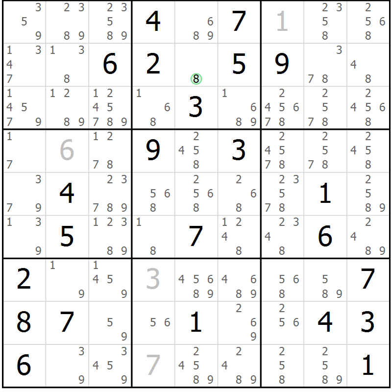 Position des candidats pour la solution de la Gr 40 page 43 du magazine de sudoku Giga sudoku niv 6-8 n° 032