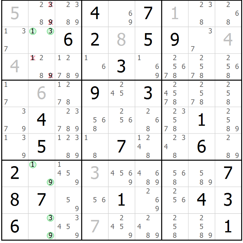 Position des candidats pour la solution de la Gr 40 page 43 du magazine de sudoku Giga sudoku niv 6-8 n° 032