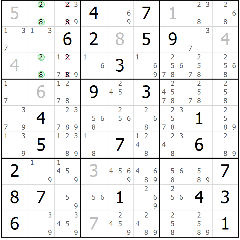 Position des candidats pour la solution de la Gr 40 page 43 du magazine de sudoku Giga sudoku niv 6-8 n° 032