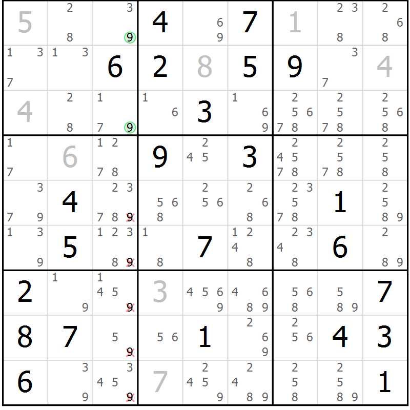 Position des candidats pour la solution de la Gr 40 page 43 du magazine de sudoku Giga sudoku niv 6-8 n° 032