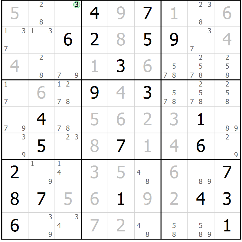 Position des candidats pour la solution de la Gr 40 page 43 du magazine de sudoku Giga sudoku niv 6-8 n° 032