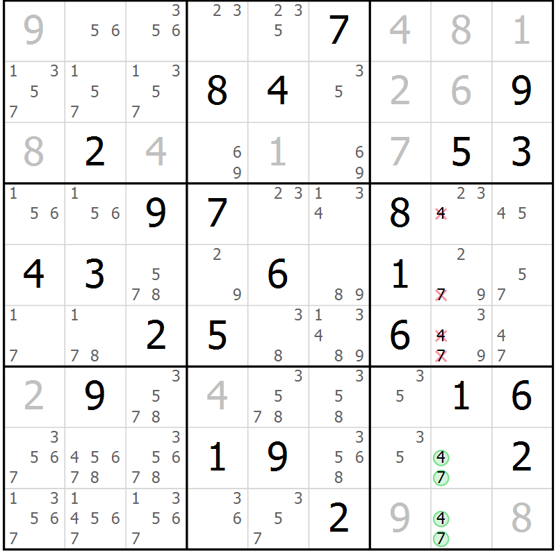 Position des candidats pour la solution de la Gr 41 page 44 du magazine de sudoku Giga sudoku niv 6-8 n° 032