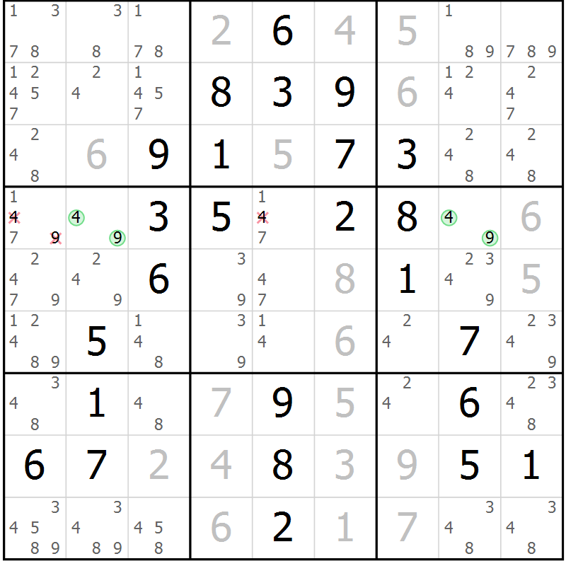 Position des candidats pour la solution de la Gr 42 page 45 du magazine de sudoku Giga sudoku niv 6-8 n° 032