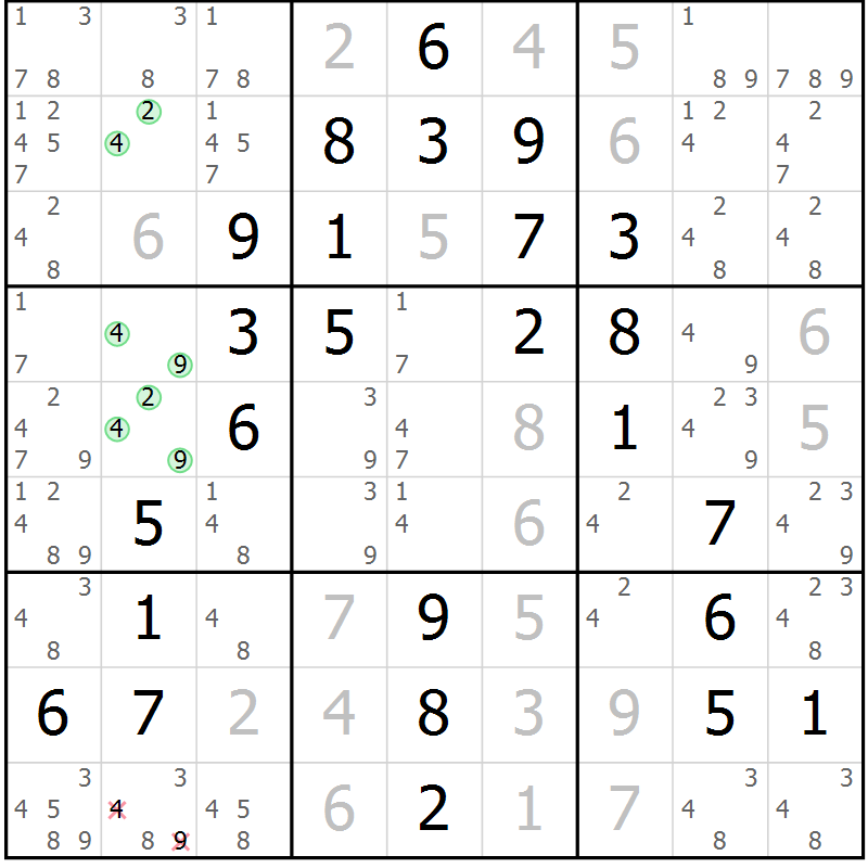Position des candidats pour la solution de la Gr 42 page 45 du magazine de sudoku Giga sudoku niv 6-8 n° 032
