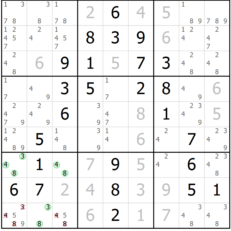 Position des candidats pour la solution de la Gr 42 page 45 du magazine de sudoku Giga sudoku niv 6-8 n° 032
