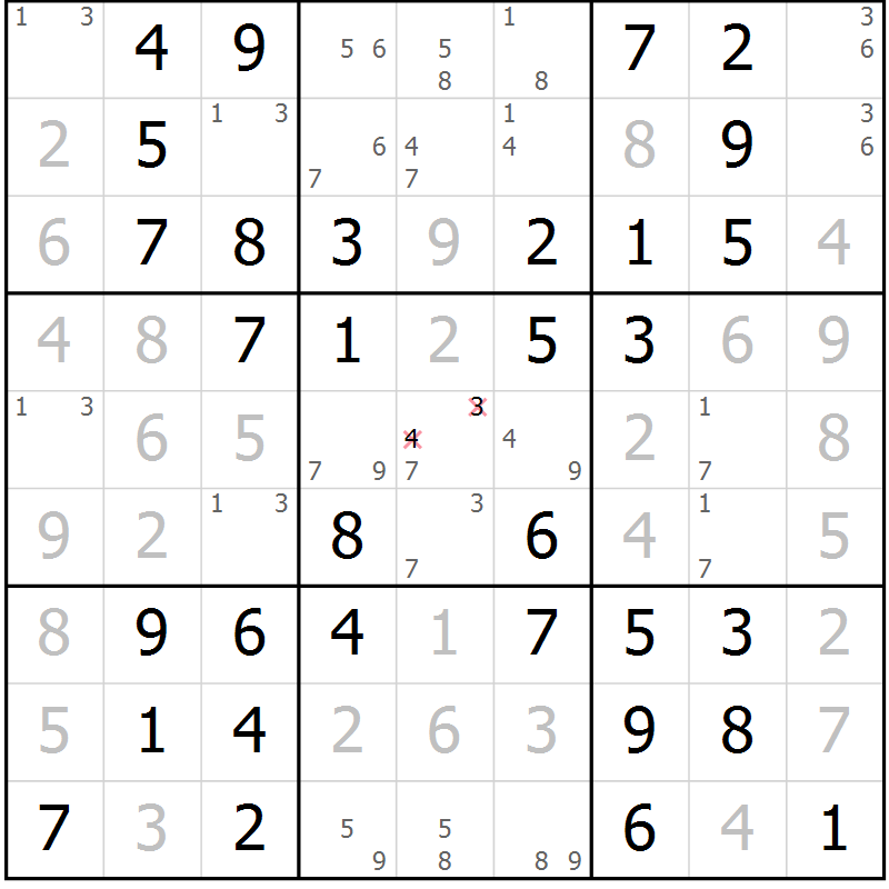 Position des candidats pour la solution de la Gr 43 page 46 du magazine de sudoku Giga sudoku niv 6-8 n° 032