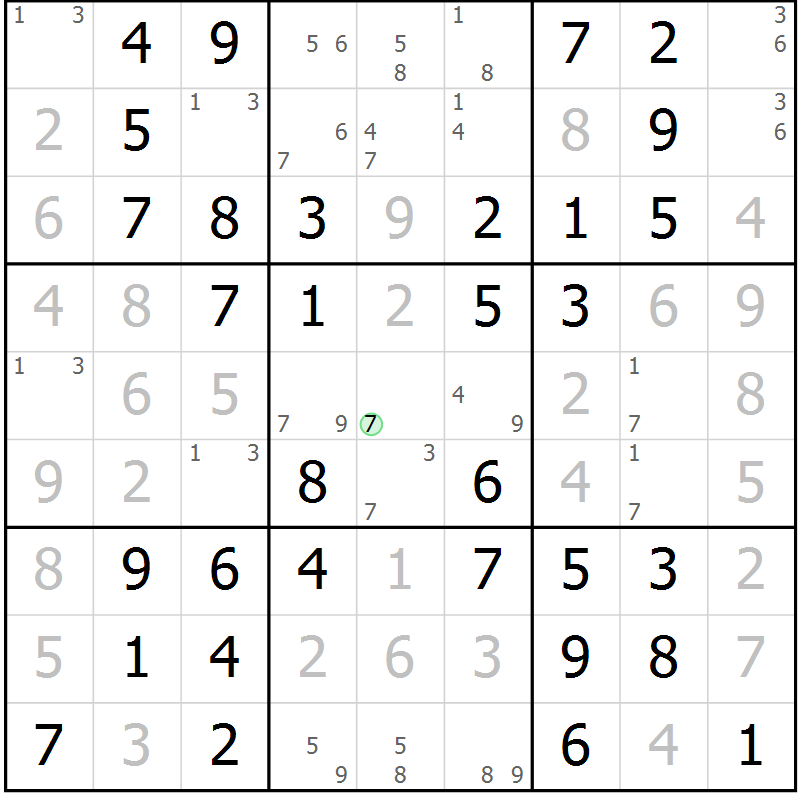 Position des candidats pour la solution de la Gr 43 page 46 du magazine de sudoku Giga sudoku niv 6-8 n° 032