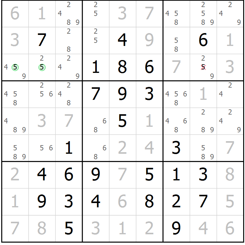 Position des candidats pour la solution de la Gr 44 page 47 du magazine de sudoku Giga sudoku niv 6-8 n° 032