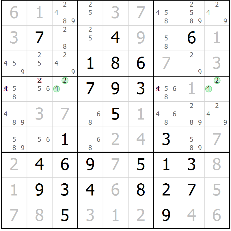 Position des candidats pour la solution de la Gr 44 page 47 du magazine de sudoku Giga sudoku niv 6-8 n° 032