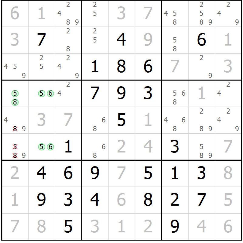 Position des candidats pour la solution de la Gr 44 page 47 du magazine de sudoku Giga sudoku niv 6-8 n° 032