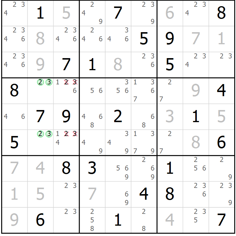 Position des candidats pour la solution de la Gr 45 page 48 du magazine de sudoku Giga sudoku niv 6-8 n° 032