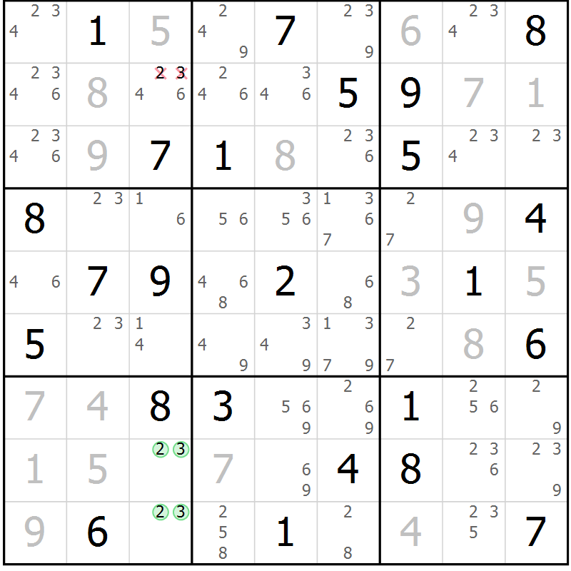 Position des candidats pour la solution de la Gr 45 page 48 du magazine de sudoku Giga sudoku niv 6-8 n° 032