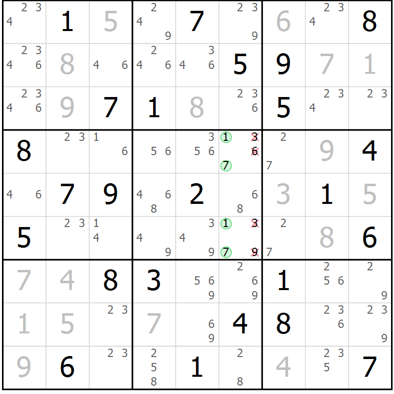 Position des candidats pour la solution de la Gr 45 page 48 du magazine de sudoku Giga sudoku niv 6-8 n° 032