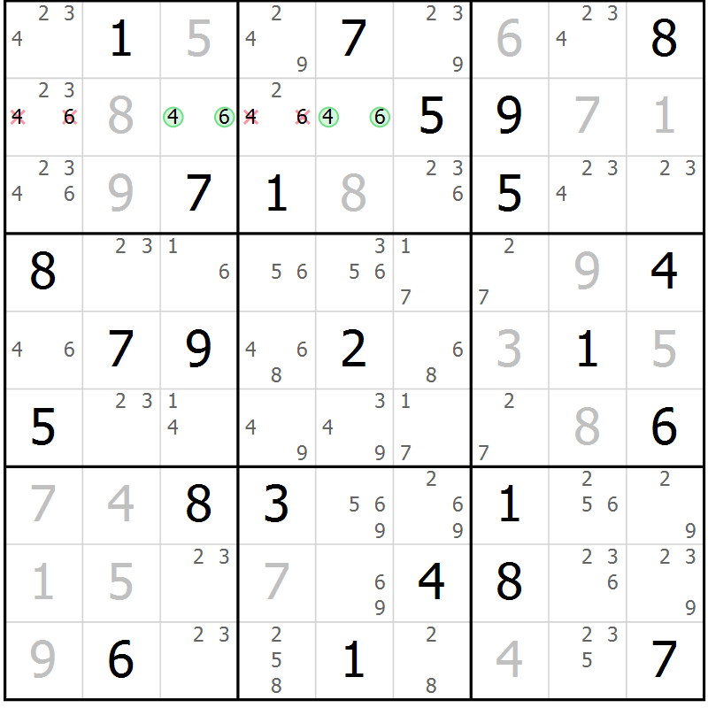 Position des candidats pour la solution de la Gr 45 page 48 du magazine de sudoku Giga sudoku niv 6-8 n° 032
