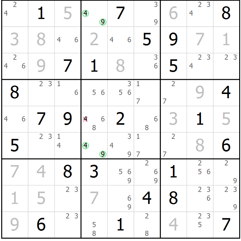Position des candidats pour la solution de la Gr 45 page 48 du magazine de sudoku Giga sudoku niv 6-8 n° 032
