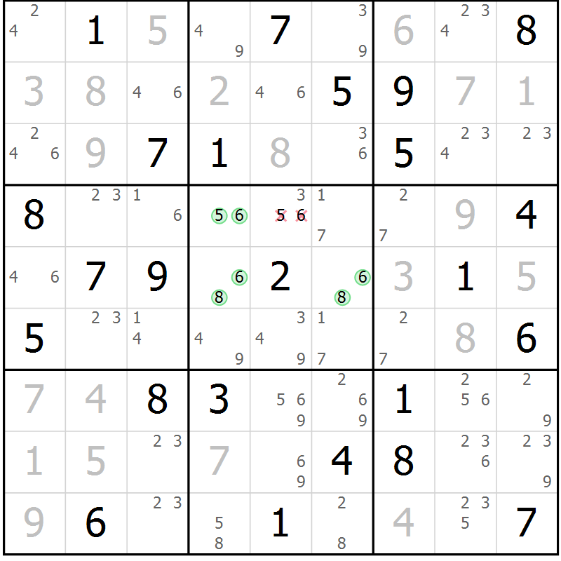 Position des candidats pour la solution de la Gr 45 page 48 du magazine de sudoku Giga sudoku niv 6-8 n° 032