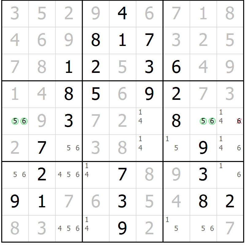 Position des candidats pour la solution de la Gr 46 page 49 du magazine de sudoku Giga sudoku niv 6-8 n° 032