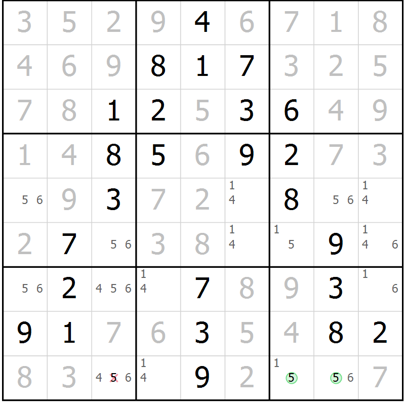 Position des candidats pour la solution de la Gr 46 page 49 du magazine de sudoku Giga sudoku niv 6-8 n° 032