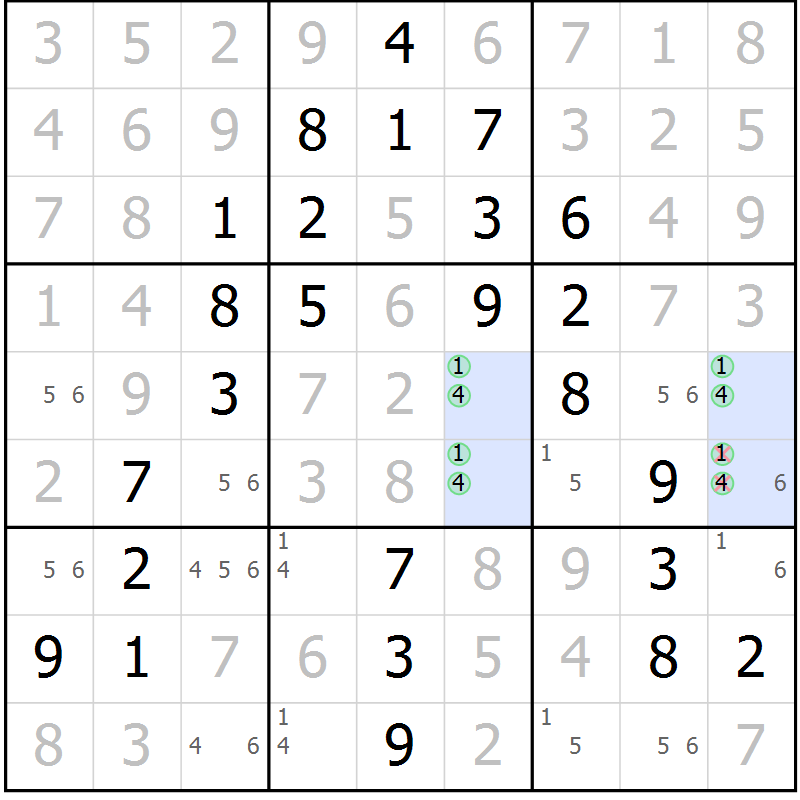 Position des candidats pour la solution de la Gr 46 page 49 du magazine de sudoku Giga sudoku niv 6-8 n° 032