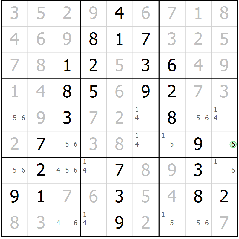 Position des candidats pour la solution de la Gr 46 page 49 du magazine de sudoku Giga sudoku niv 6-8 n° 032