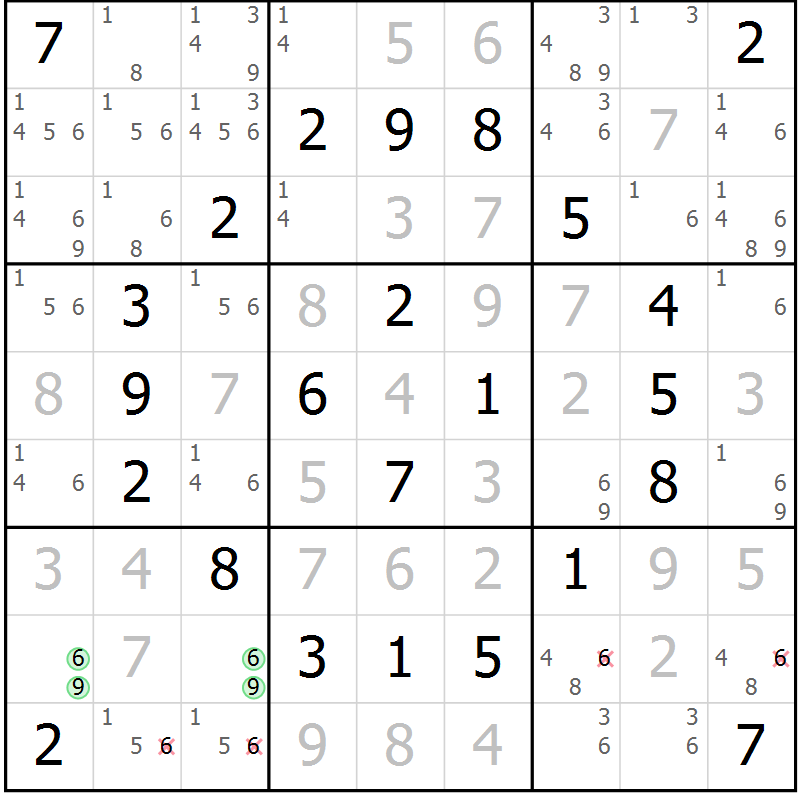 Position des candidats pour la solution de la Gr 47 page 50 du magazine de sudoku Giga sudoku niv 6-8 n° 032
