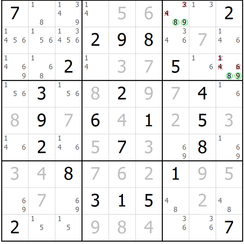 Position des candidats pour la solution de la Gr 47 page 50 du magazine de sudoku Giga sudoku niv 6-8 n° 032