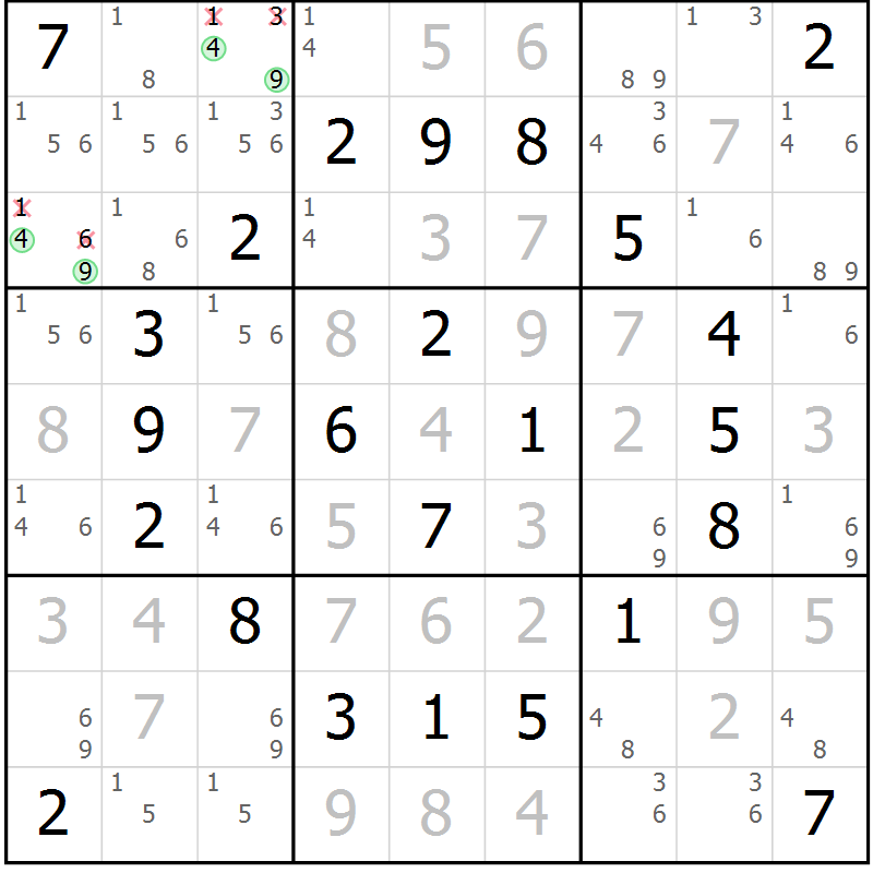 Position des candidats pour la solution de la Gr 47 page 50 du magazine de sudoku Giga sudoku niv 6-8 n° 032