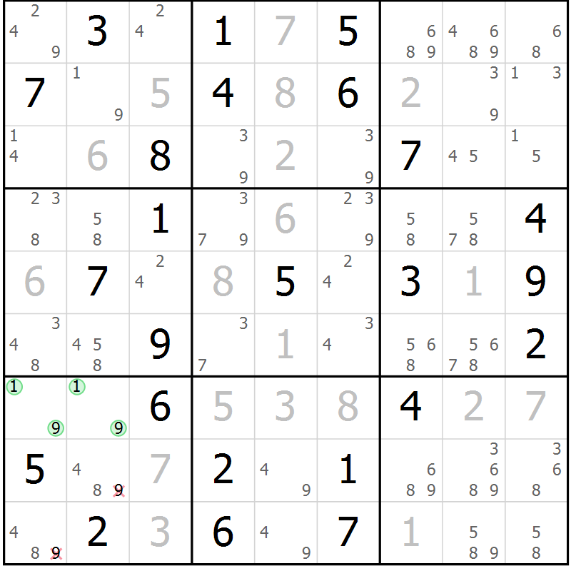 Position des candidats pour la solution de la Gr 48 page 51 du magazine de sudoku Giga sudoku niv 6-8 n° 032