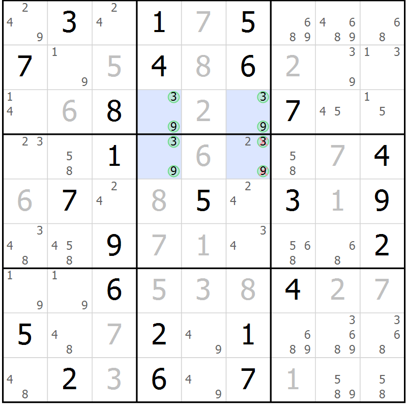 Position des candidats pour la solution de la Gr 48 page 51 du magazine de sudoku Giga sudoku niv 6-8 n° 032