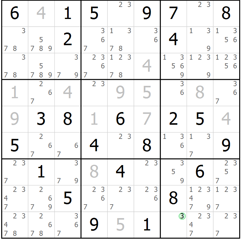 Position des candidats pour la solution de la Gr 49 page 52 du magazine de sudoku Giga sudoku niv 6-8 n° 032