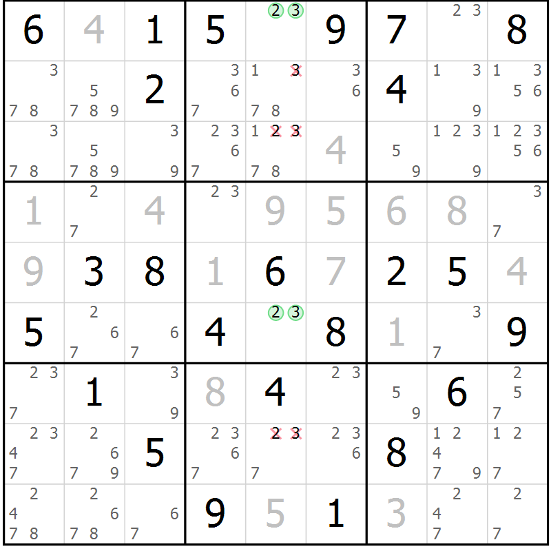 Position des candidats pour la solution de la Gr 49 page 52 du magazine de sudoku Giga sudoku niv 6-8 n° 032