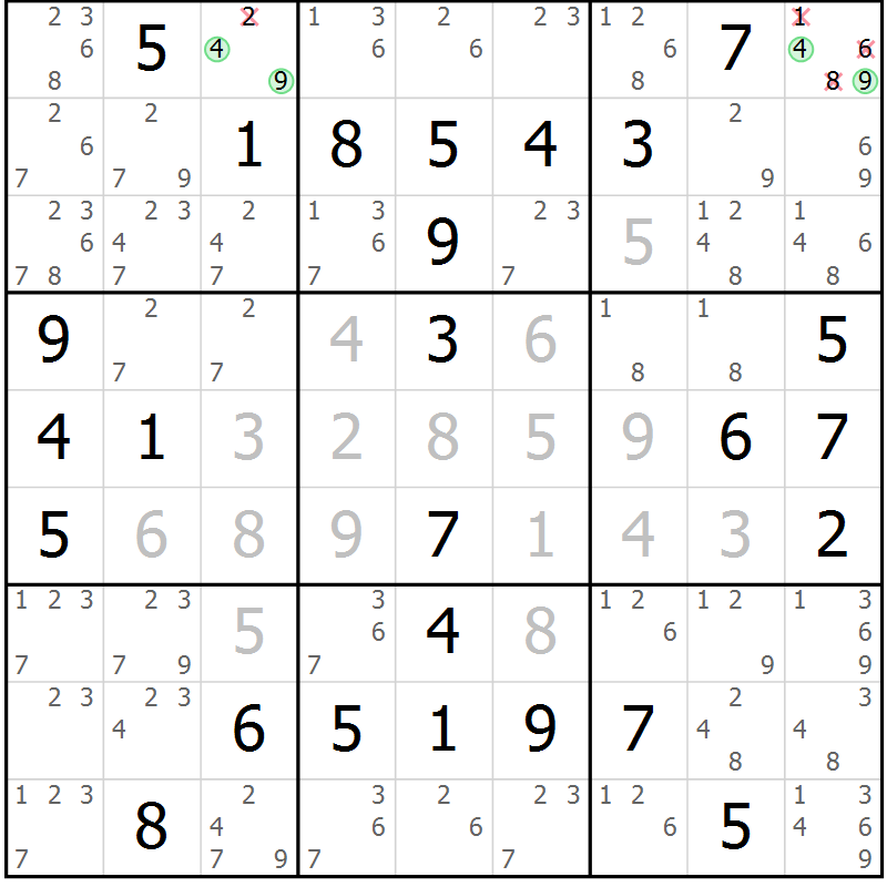 Position des candidats pour la solution de la Gr 5 page 8 du magazine de sudoku Giga sudoku niv 6-8 n° 032