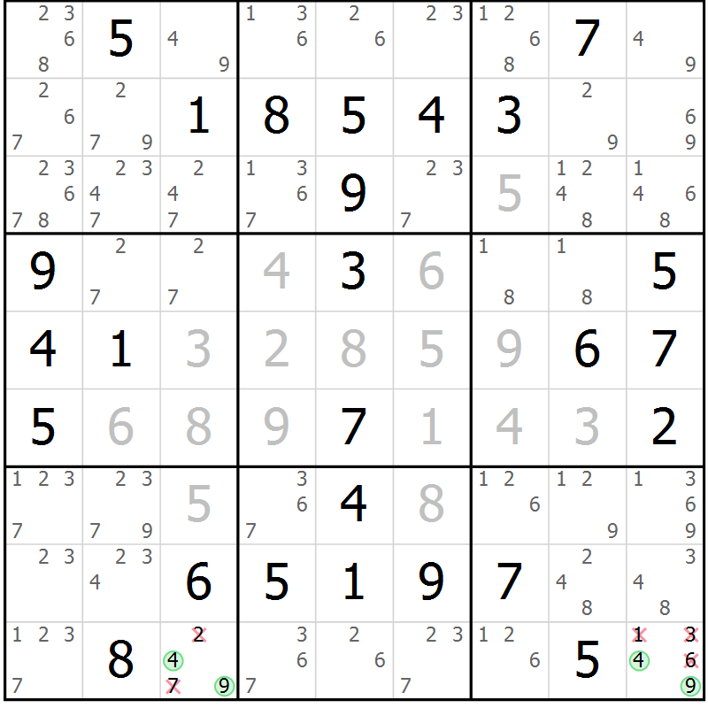 Position des candidats pour la solution de la Gr 5 page 8 du magazine de sudoku Giga sudoku niv 6-8 n° 032