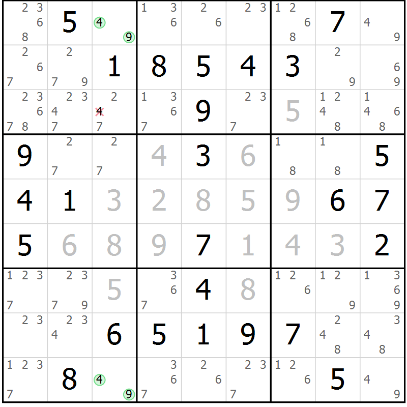 Position des candidats pour la solution de la Gr 5 page 8 du magazine de sudoku Giga sudoku niv 6-8 n° 032
