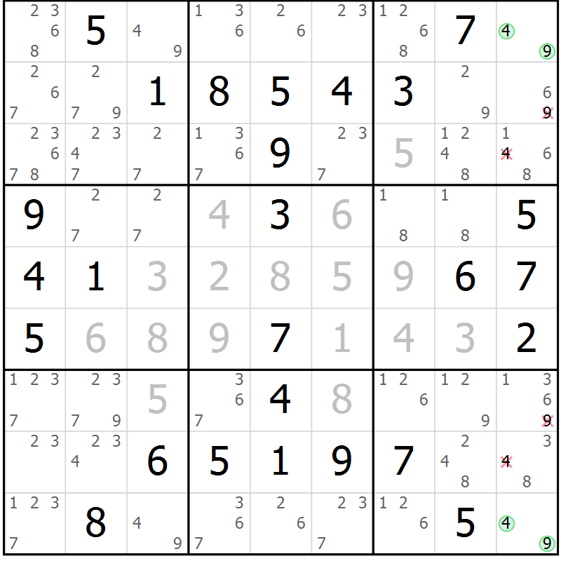 Position des candidats pour la solution de la Gr 5 page 8 du magazine de sudoku Giga sudoku niv 6-8 n° 032
