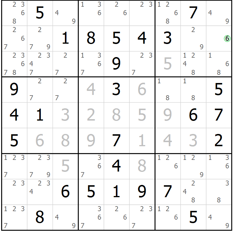 Position des candidats pour la solution de la Gr 5 page 8 du magazine de sudoku Giga sudoku niv 6-8 n° 032