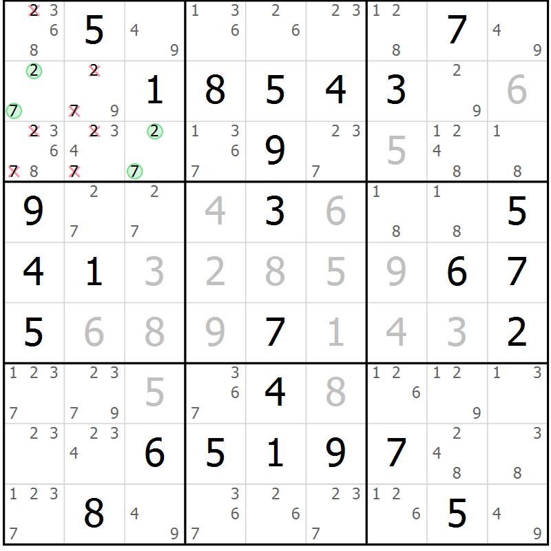 Position des candidats pour la solution de la Gr 5 page 8 du magazine de sudoku Giga sudoku niv 6-8 n° 032