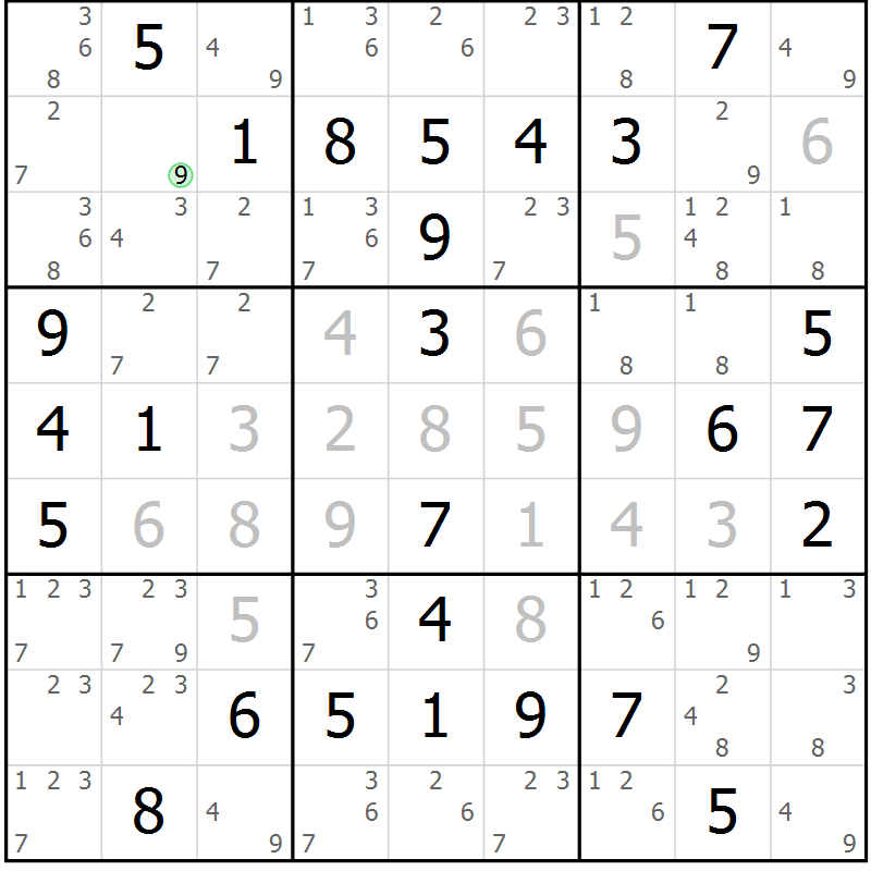 Position des candidats pour la solution de la Gr 5 page 8 du magazine de sudoku Giga sudoku niv 6-8 n° 032