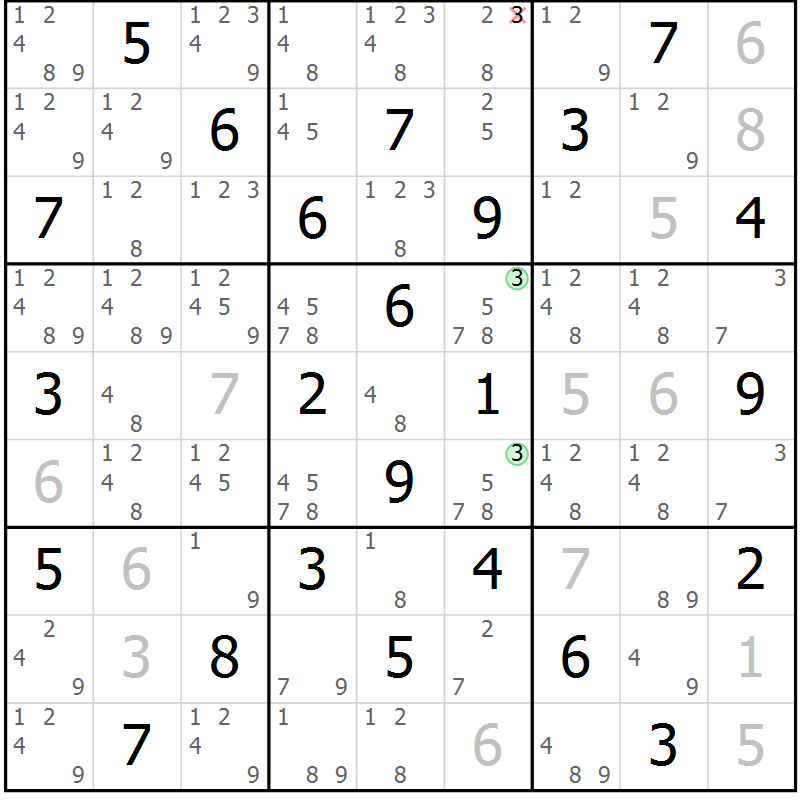 Position des candidats pour la solution de la Gr 50 page 53 du magazine de sudoku Giga sudoku niv 6-8 n° 032