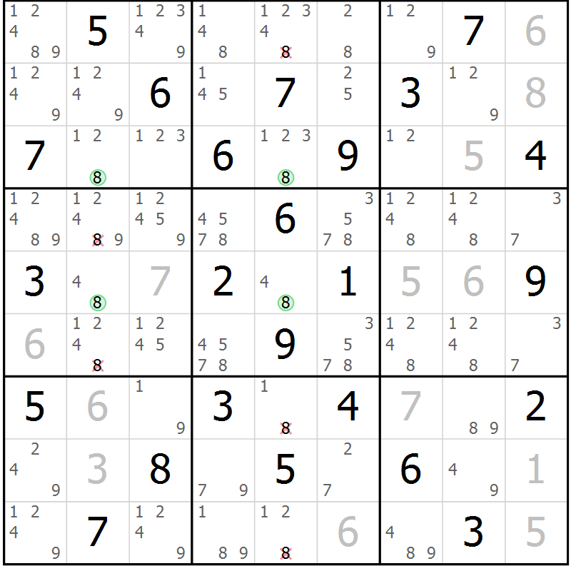 Position des candidats pour la solution de la Gr 50 page 53 du magazine de sudoku Giga sudoku niv 6-8 n° 032