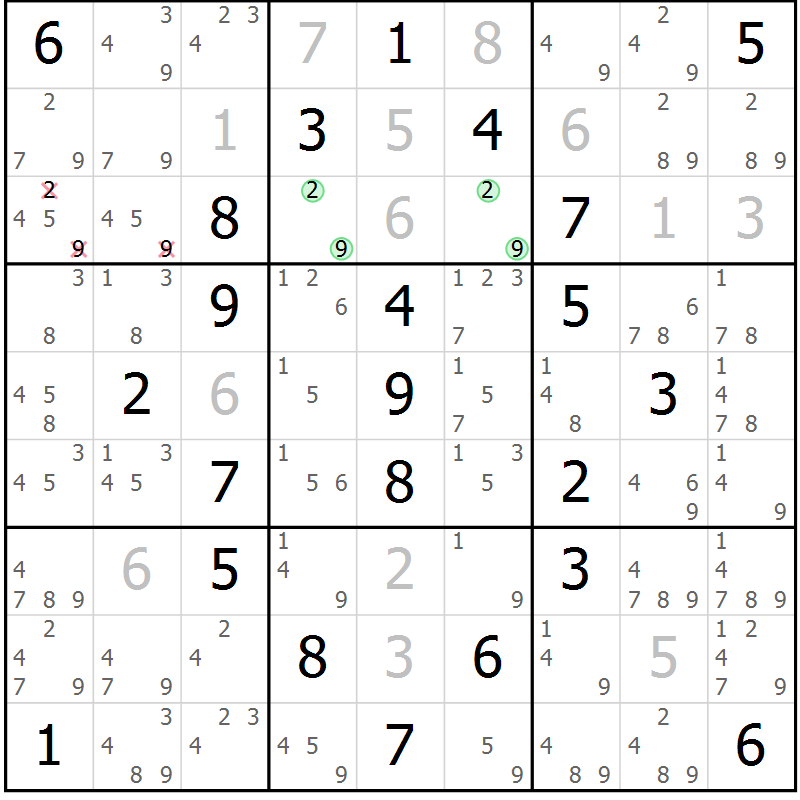 Position des candidats pour la solution de la Gr 51 page 54 du magazine de sudoku Giga sudoku niv 6-8 n° 032