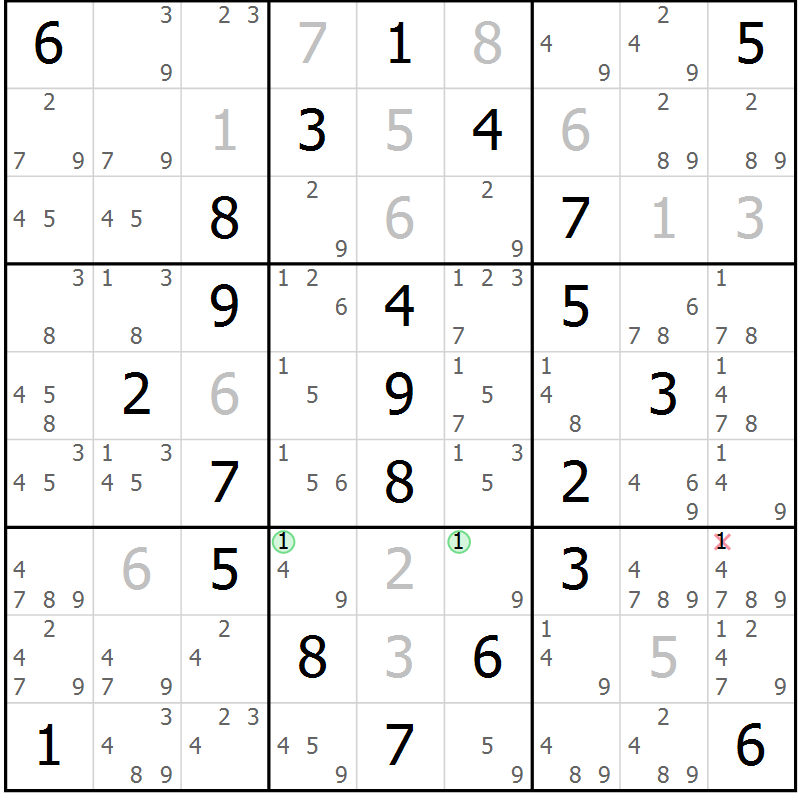 Position des candidats pour la solution de la Gr 51 page 54 du magazine de sudoku Giga sudoku niv 6-8 n° 032