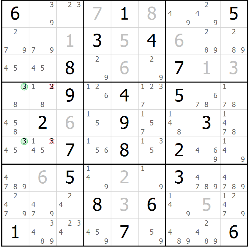 Position des candidats pour la solution de la Gr 51 page 54 du magazine de sudoku Giga sudoku niv 6-8 n° 032