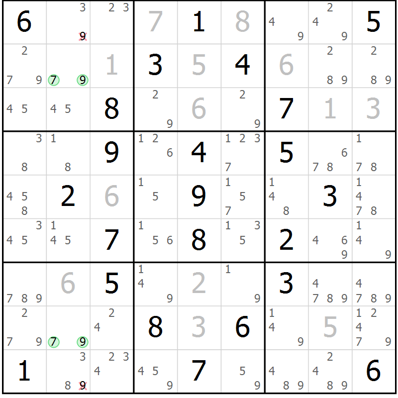 Position des candidats pour la solution de la Gr 51 page 54 du magazine de sudoku Giga sudoku niv 6-8 n° 032