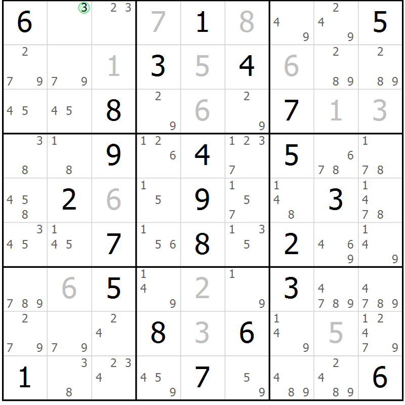 Position des candidats pour la solution de la Gr 51 page 54 du magazine de sudoku Giga sudoku niv 6-8 n° 032