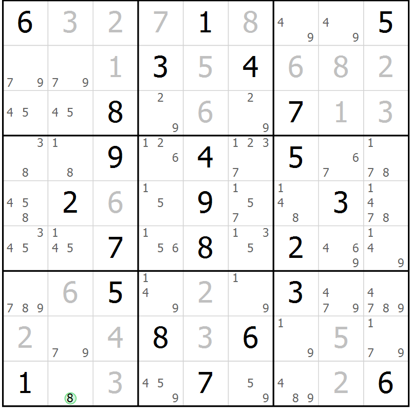 Position des candidats pour la solution de la Gr 51 page 54 du magazine de sudoku Giga sudoku niv 6-8 n° 032